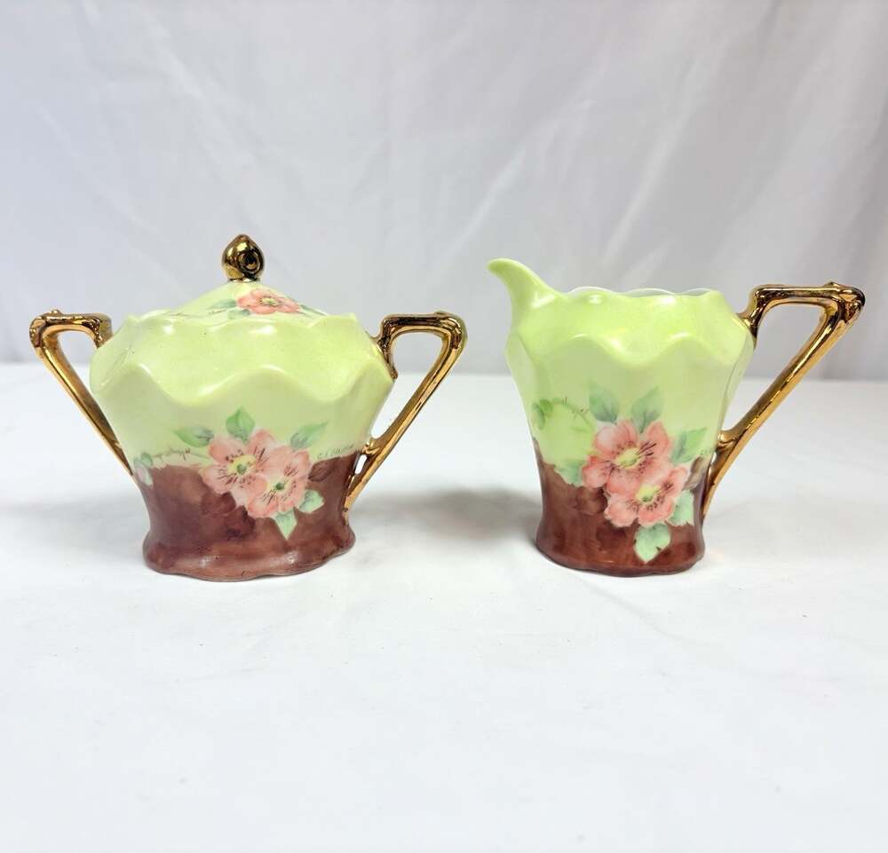 Antique Bavaria Porcelain Sugar Creamer Set Pink Roses Gilt Signed Blanton